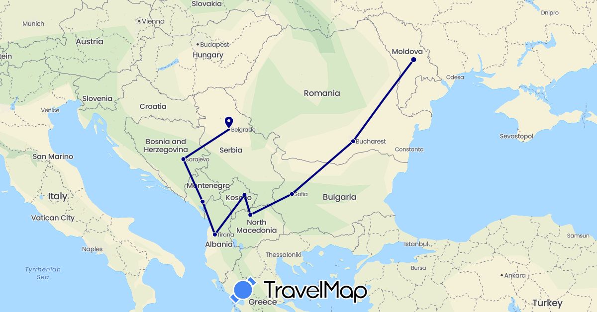 TravelMap itinerary: driving in Albania, Bosnia and Herzegovina, Bulgaria, Moldova, Montenegro, Macedonia, Romania, Serbia, Kosovo (Europe)